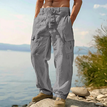 New Men'S Casual Trousers Loose Comfortable Cargo Pants Pants Cotton Linen Multi-Pocket Straight Trousers Beach Thin Men Pants