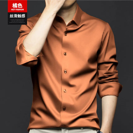 6XL Men Shirt Long Sleeve Slim Fit Luxury Smooth Soft Anti-wrinkle Non-ironing Solid Color Ice Silk Shirts Men Long Sleeve