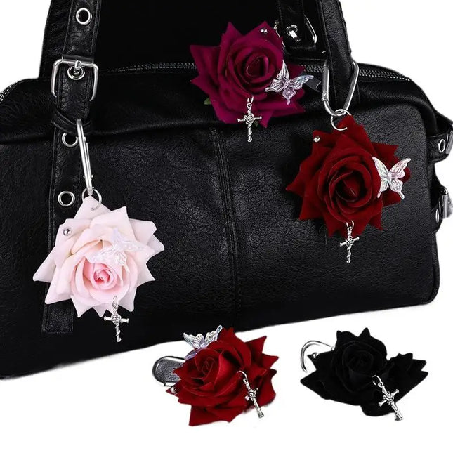1PCS Exquisite Design Simulation Rose Flower Shape Butterfly Keychain Pendant Bag Decoration Gift