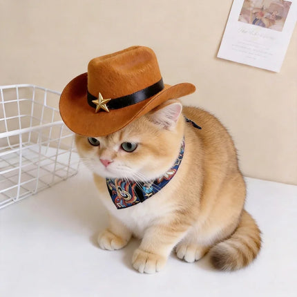 Pet Cowboy Hat with Bandana Western Style Star Decor for Cats Dogs Small Large Sizes Party Cosplay Costume