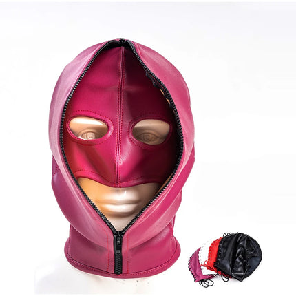 Leather Mask Full Face Double Layer Headgear Zip Head Hood Adjustable Lace-up Leather Bondage Masks Halloween Cosplay Party Mask