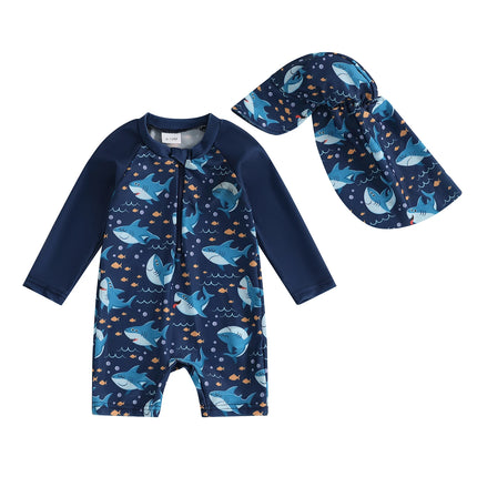 MISOWMNJOY Summer Baby Long Sleeve Swimwear Fashion Toddler Boys Rash Guard Swimsuit Dinosaur Print Zip Beachwar with Swim Cap