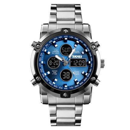 SKMEI Men Dual Display Watch Countdown Steel Strap Electronic Wristwatch Three Time Clock Digital Quartz Watch Relogio Masculino