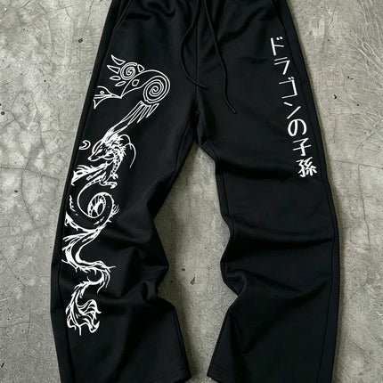 Men's Harajuku Tribal Dragon Vertical Japanese Text Print Wide Leg Sweatpants Drawstring Soft Asian Street Loose Trousers