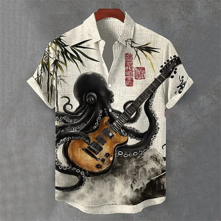 Summer Men's Short Sleeve Shirt Art Octopus Pattern 3D Printed Linen Short Sleeve Men's Shirt Casual Hawaiian Top