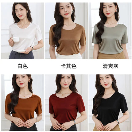 Summer High-End Women's Short Sleeve T-Shirt Acetate Fabric Knitted European Style Thin Hot Selling Top for Ladies