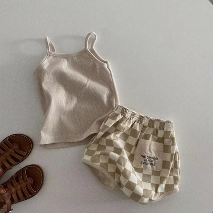Korean Style Ins Fashion Kids Tank Top & Checkered Shorts Set Boys Girls Summer Lightweight Cotton Clothing New 2025‌