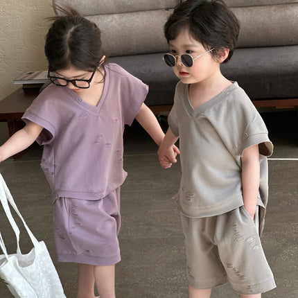 RAISE Summer Brother Sister Clothes Muslin Hollow V-collar Kids Boy Short Sleeve Top Suit Loose Solid Straight Shorts Tracksuits