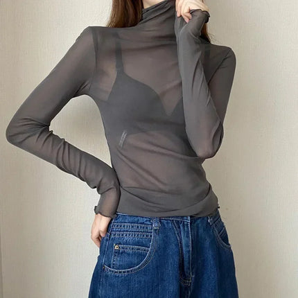 High Neck Sheer Mesh Top Women Clothing Long Sleeve Turtleneck T-shirt Korean Sexy See Through Black White Beige Shirt New
