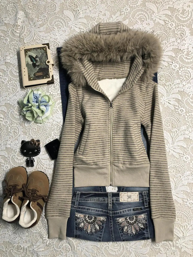 Punk Coat Y2k 2000s Vintage Faux Fur Collar Hoodie Zip-Up Woman Sweatshirts Goth Stripe Hot Girl Coat Winter Jackets Hip Hop Emo