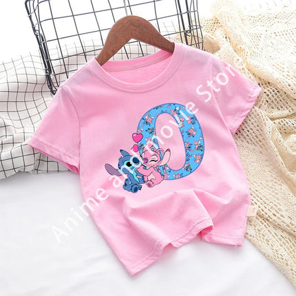 Stitch Disney T Shirt for Girls Children Clothes Tops Children's Clothing Letter A-Z Cotton Short Sleeve Summer Child Cute Gifts