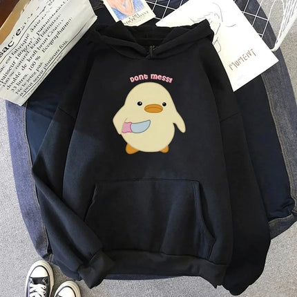 Don‘t Mess Duck Holding Knife Kawaii Cartoon Print Woman Hoodies Sweatshirts Harajuku Female Long Sleeve Casual Streetwear