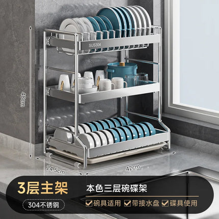 Bowl and dish storage rack, drain rack, 304 stainless steel kitchen storage rack