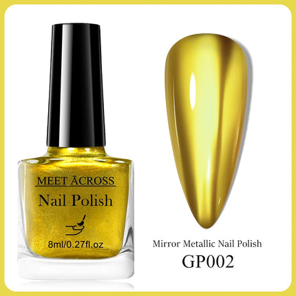 MEET ACROSS 8ml Glass Bottle Metallic Nail Polish Super Silver Gold Mirror Effect Nail Art Polish DIY Manicure Without Lamp