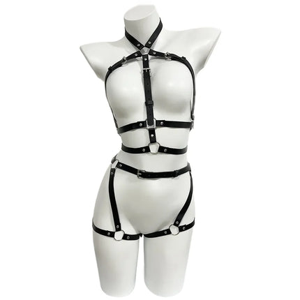 Women Sexy Leather Lingerie Body Harness Belt Suspenders Leg Harness Goth Clothing Rave Outfit BDSM Garter Belt Lingerie Bondage