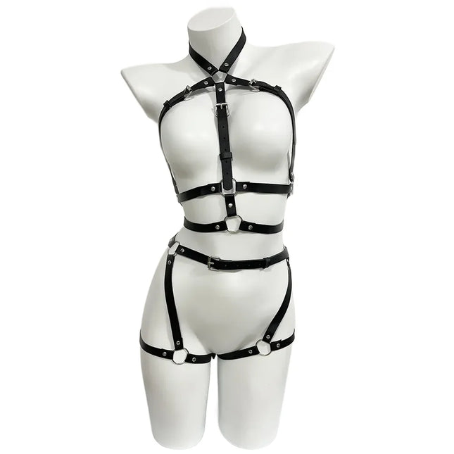 Women's Sexy Leather Lingerie Body Harness Belt Suspenders Leg Harness Goth Clothing Rave Outfit BDSM Garter Belt Lingerie Bondage
