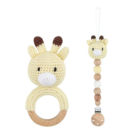 Baby Rattle Crochet Bear Teether Rattle With Bells Pacifier Chain Newborn Montessori Educational Toy Wooden Rings Baby Toys