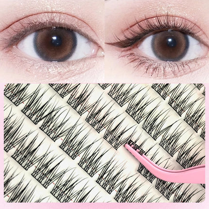 110PCS Self-Adhesive Eyelashes Triple Fish Tail Style Extremely Fine Black Stem False Lashes Clear Transparent Natural Look