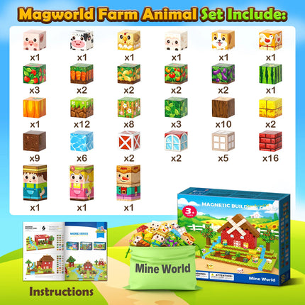 Mine World Magnetic Blocks Farm Animal Set, Magnetic Building Blocks for Kids, Toys Gift for 3+ Year Old Boys and Girls