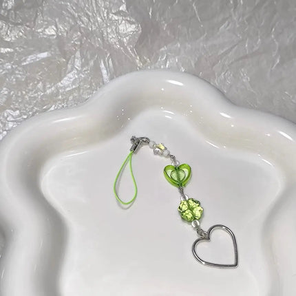 Y2K Lucky Four Leaves Clover Heart Key Ring Green Leaf Star Key Chain Cases for Phone Camera Korean Cute Beaded Couple Keychain
