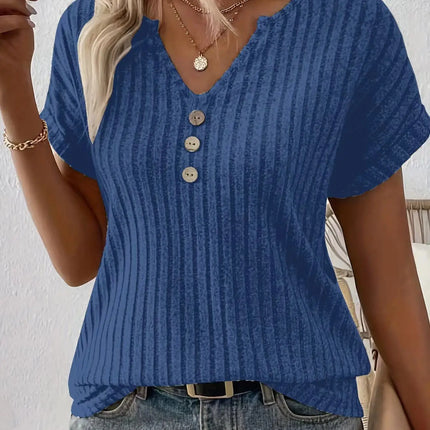 Spring/summer new solid color ribbed top V-neck button decorated elegant T-shirt ladies S-2XL