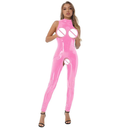 Womens Open Cups Skinny Jumpsuits Glossy Patent Leather Crotchless Bodysuit Mock Neck Sleeveless Latex Catsuit Erotic Clubwear