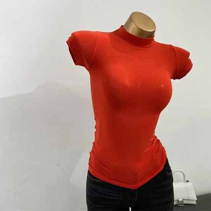 Korean Transparent Short-Sleeved Slim-Fit Elastic Solid Color Bottoming T-shirt with Half-High Collar - Sexy Big Chest T-shirt