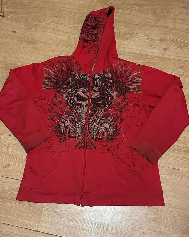 Y2K Harajuku Affliction Hoodie Retro Wing Pattern Printing Oversize Zipper Coat Men Women Hip Hop Personality Casual Sweatshirt