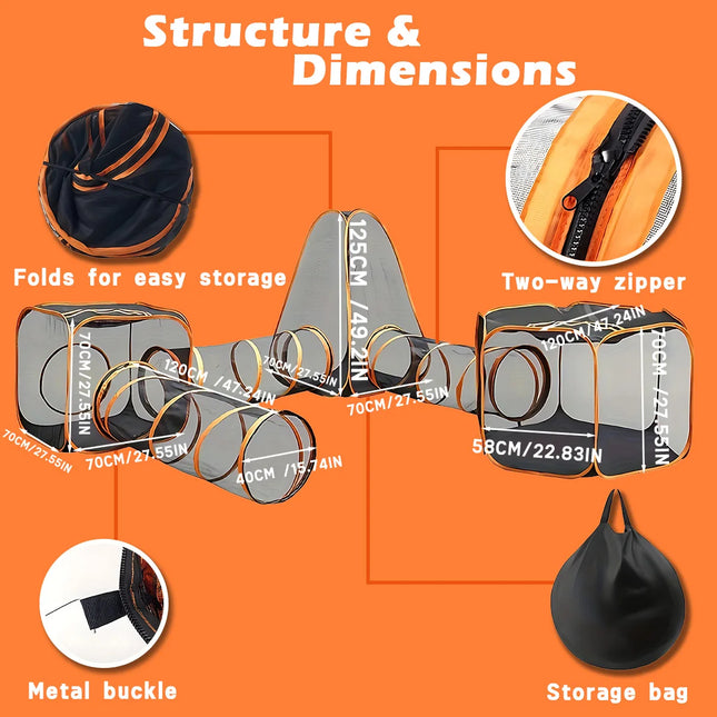 Portable Cat Tunnel Mesh Playhouse, featuring multiple cages and tunnels Includes storage bag, suitable for small animals