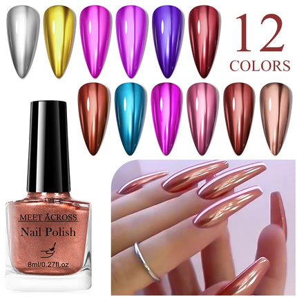 MEET ACROSS 8ml Glass Bottle Metallic Nail Polish Super Silver Gold Mirror Effect Nail Art Polish DIY Manicure Without Lamp