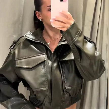 Chic Fashion Faux Leather Jackets for Women Loose Zipper Long Sleeve Female Short Coats 2026 Autumn Lady Casual New Outerwear ﻿