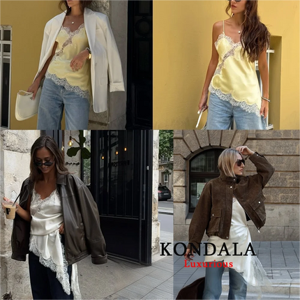 KONDALA Sexy Chic Black Lace Cami Tops Women V Neck Patchwork Sleeveless Y2K Girl Top Fashion 2025 Summer Fall Holiday Beach Top
