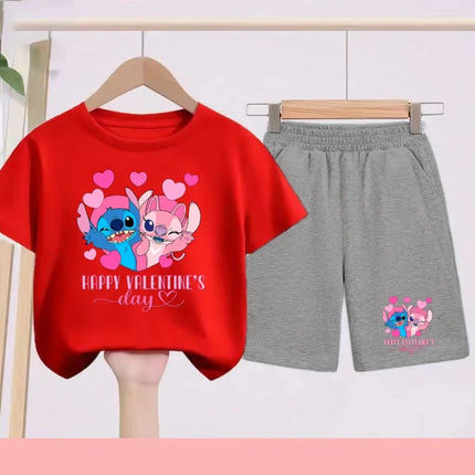 Disney 2026 Summer Round-neck Short-sleeved Set Girl Stitch Printed T-shirt Fashion Child Top+Shorts Casual Daily Sportswear Set