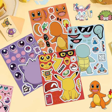 8/24PCS  Anime Pokemon Cartoon Puzzle Stickers Pikachu Children Make A Face DIY Toys Funny Assemble Jigsaw Kids Boys Girls Party