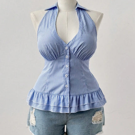 Oversized Women's Sleeveless Pleated Hem Casual Shirt Blue Striped Shirt V-Neck Beach Resort Backless