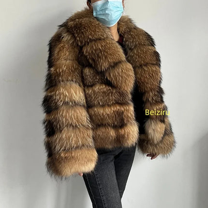 BEIZIRU Women's Real Raccoon Fur Coat Winter Long Sleeve Hooded Jacket with Turndown Collar Natural Luxury Thick Top