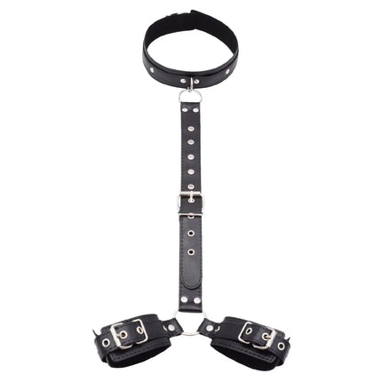 BDSM Leather Neck to Wrist Restraints Kit Bondage Set Handcuffs Collar with Chain Leash SM Fetish Role Play Adult Sex Toys