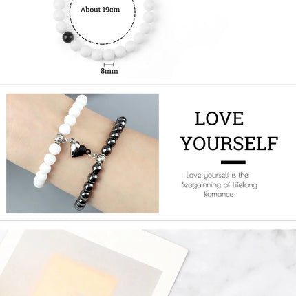 2Pcs/Set Sliver Black Color Magnet Pendant Bracelets 6MM 8MM White Porcelain Black Line Beads Couple Bracelet Jewelry Gift New
