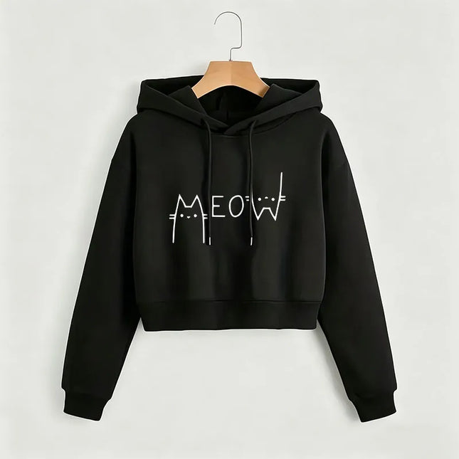 Funny Meow Cat Cropped Sweatshirt Crop Top Hoodie Y2k Sweatshirts Gothic Casual Style Clothes kawaii girls hoodies