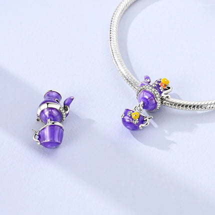 925 Sterling Silver Inlaid Heart-Shaped Beads & Rose Dangle Charm Fits Snake Bracelet Boutique Necklace Purple Pendant Gift