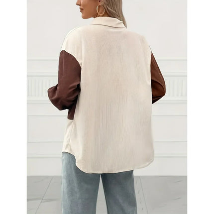Plus Size 1XL-5XL New Women's Fashion Color-Block Pocket Shirt With Lapel Collar Ladies Casual Long Sleeves Blouse Shirt Top