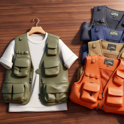 Summer Men's Casual Vest Solid Color Multi-pocket Mesh Patchwork Breathable Sleeveless Vest Camping Fishing Photography Vest Top