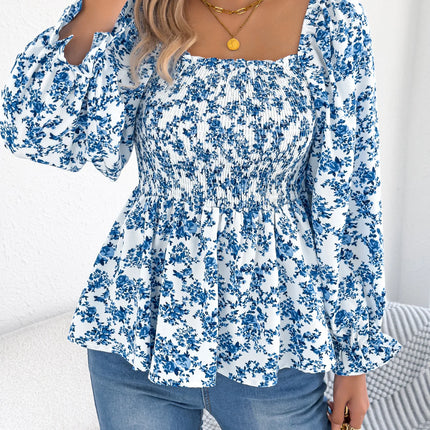 VigoCasey 2025 Spring Floral Print T-shirt Casual Women Lantern Long Sleeve Top Autumn Lady Square Neck Casual Club Short Tops