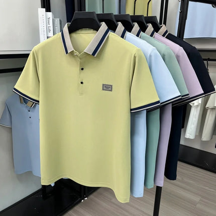 2026 Summer Ice Silk Men's Polo Shirt Color Block Collar Breathable Anti Wrinkle Smart Casual Daily Short Sleeve Top for Man