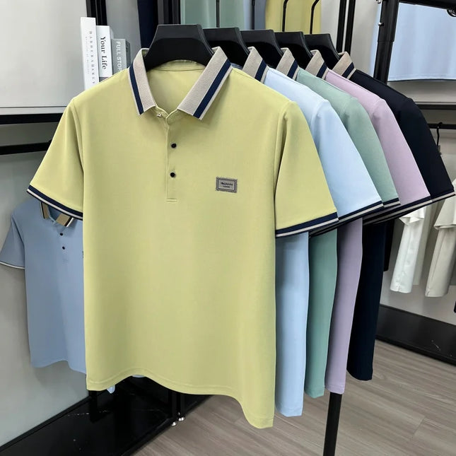 2026 Summer Ice Silk Men's Polo Shirt Color Block Collar Breathable Anti Wrinkle Smart Casual Daily Short Sleeve Top for Man