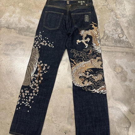 Harajuku Japanese Jeans Mens New Dragon High Quality Jeans Gothic Vintage Hip Hop Streetwear Denim Fabric Wide Leg pants