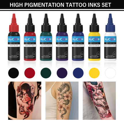 7PCS 30ML Tattoo Ink Pigment Body Art Tattoo Pigment Set 7 Colors Professional Paints Makeup Tattoo Supplies Semi-permanent