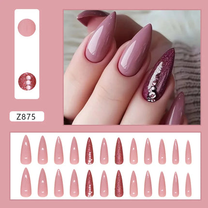 Dark Brown Flowers 24 Pcs Press-on Nails Pink Nail Polish Glossy Artificial Finger Manicure Reusable False Nails