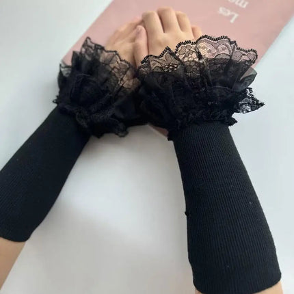 Lace Ruffles Cuff Long Elastic Lolita Knitted Lace Sleeves Arm Covers Wrist Cuffs Winter Sweater Decorative Sleeves