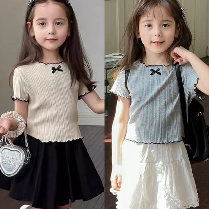 Girls' 1-12Y Korean-Style Knitted Lace-Trimmed Short-Sleeve Summer Ruched Tops: Trendy, Breathable, Bow Tie, Versatile Tee